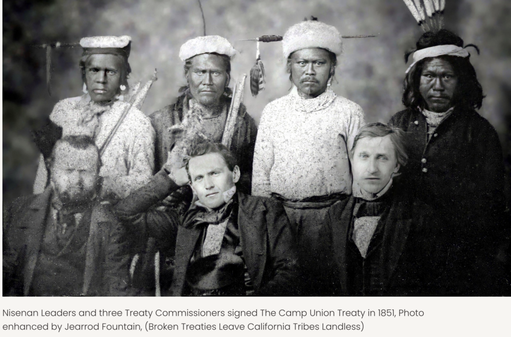 Black and white photograph of 3 Nisenan Leaders and 3 treaty commissioners. All male.