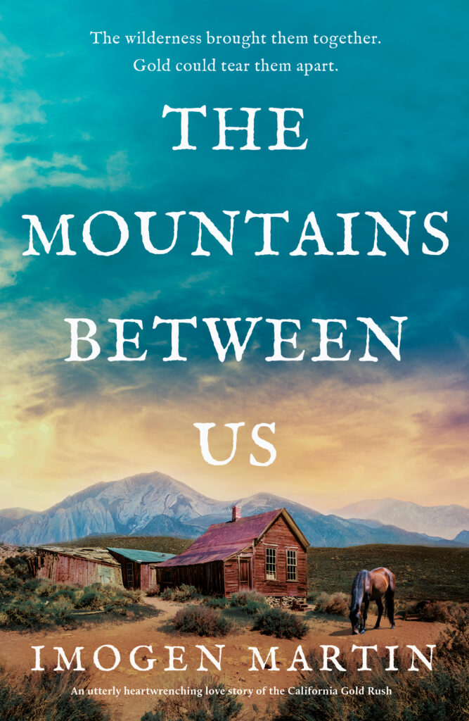 Turquoise sky over California mountain, with gold prospector hut and horses. Title above